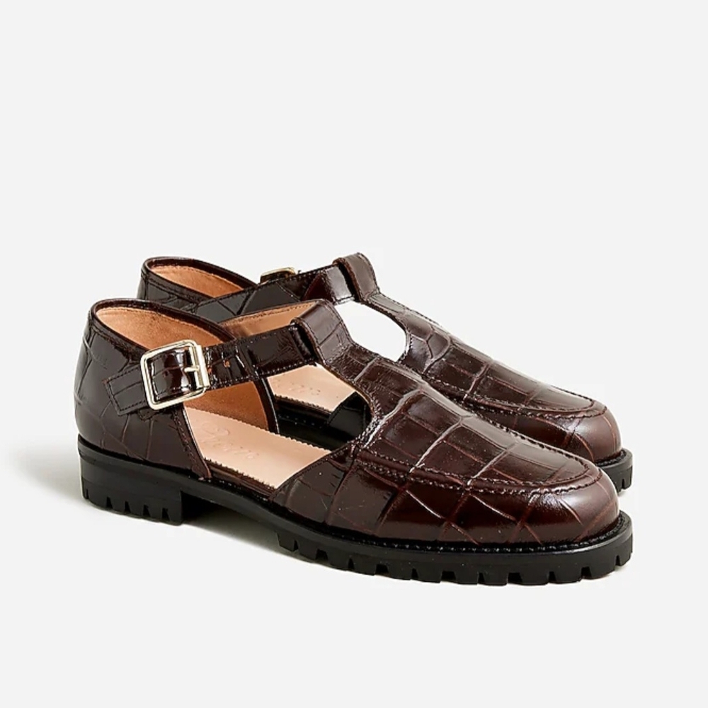 Brown Croc-Embossed Mary Jane Shoes